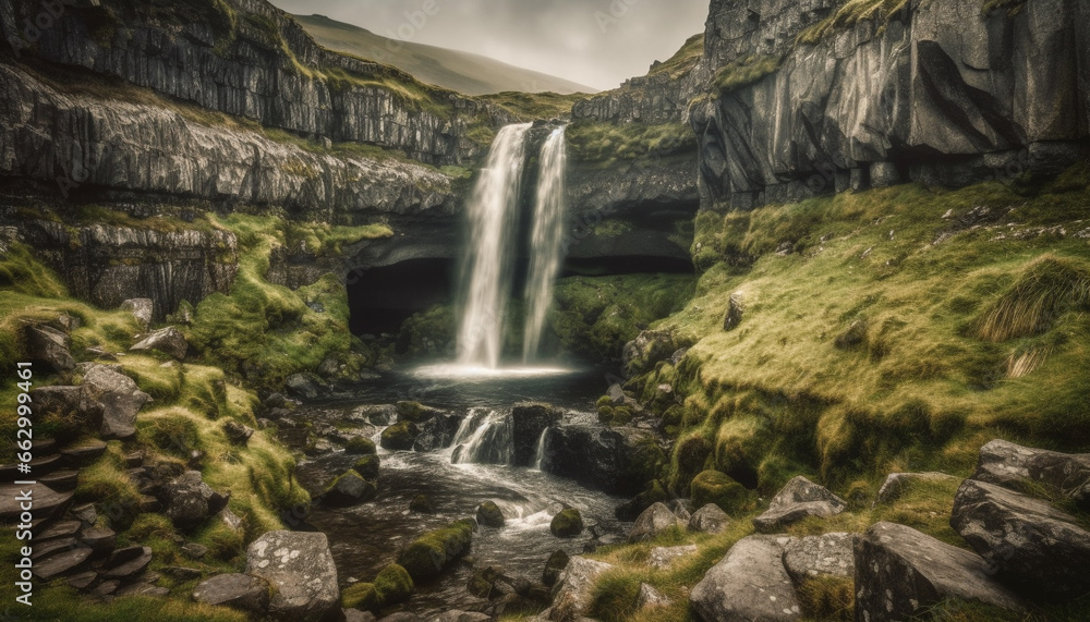 Tranquil scene of flowing water in majestic mountain range generated by AI