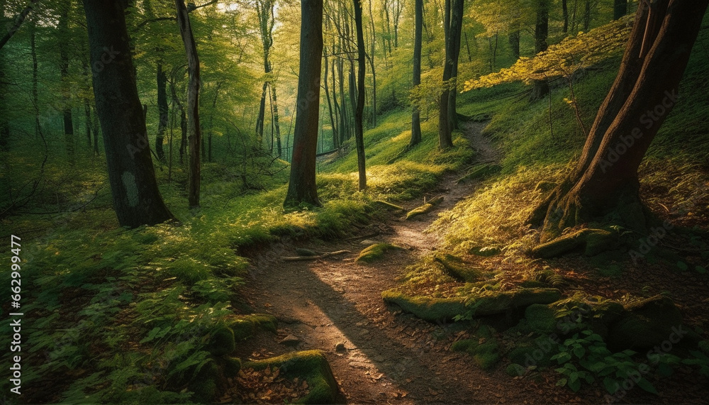 Tranquil footpath winds through vibrant autumn forest, a nature adventure generated by AI