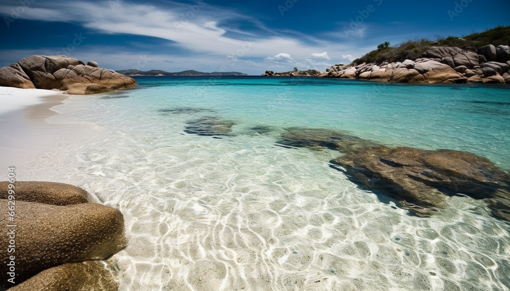 Tranquil scene of turquoise waters and granite rocks at waters edge generated by AI