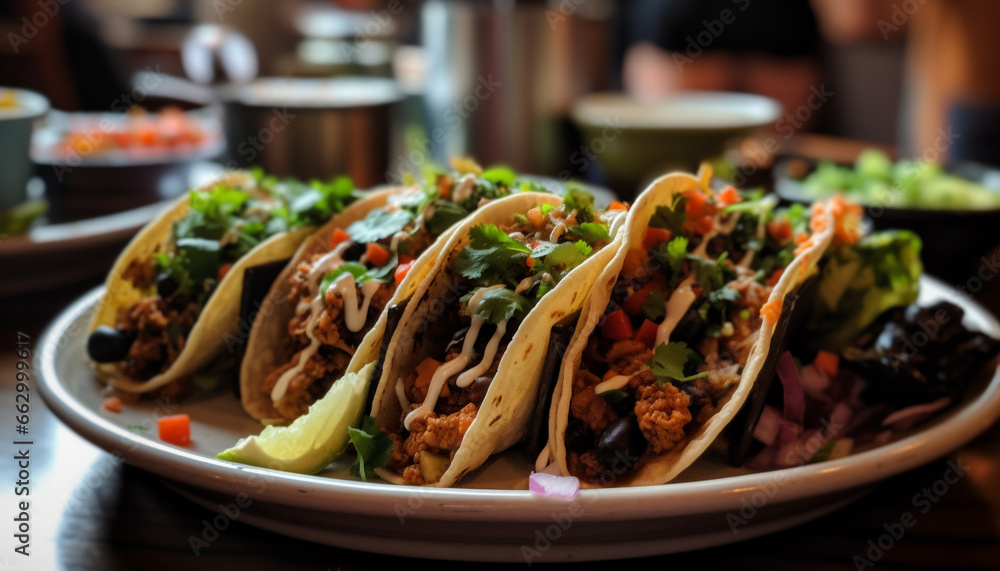 Grilled beef taco plate with fresh guacamole and cilantro salad generated by AI