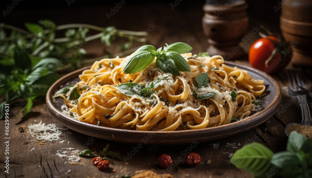 Freshly cooked Italian pasta meal on rustic wooden table with herbs generated by AI