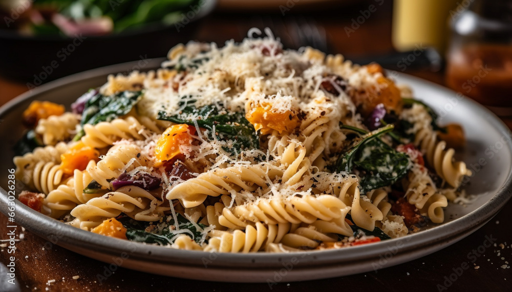 Freshly cooked vegetarian fusilli pasta on rustic wooden table generated by AI