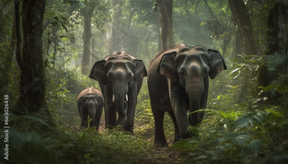 Tranquil scene of large elephant herd walking in wilderness area generated by AI