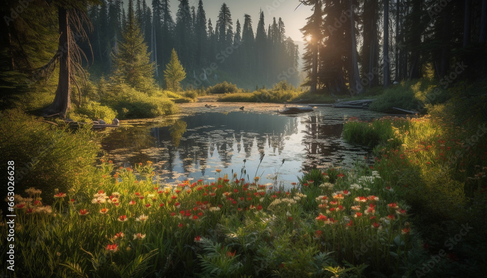 Tranquil scene of a mountain range with vibrant wildflowers generated by AI