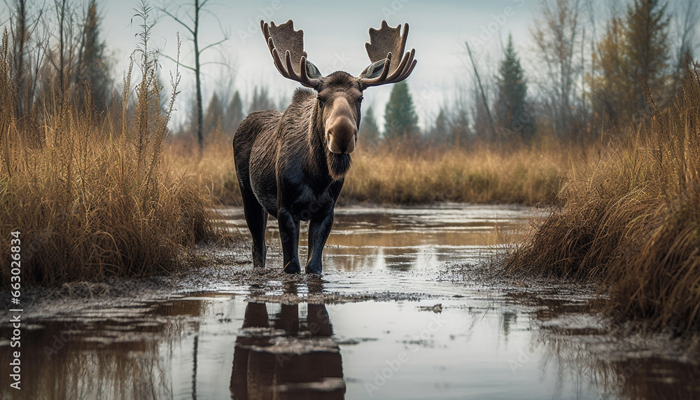 Horned stag grazes in tranquil autumn meadow by reflective pond generated by AI