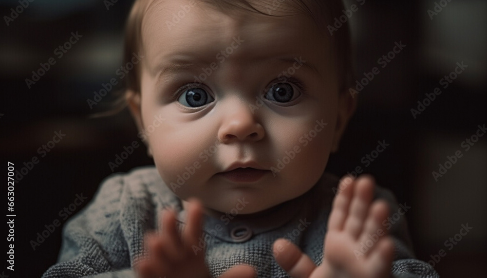 Cute baby boy portrait, innocence and happiness looking at camera generated by AI