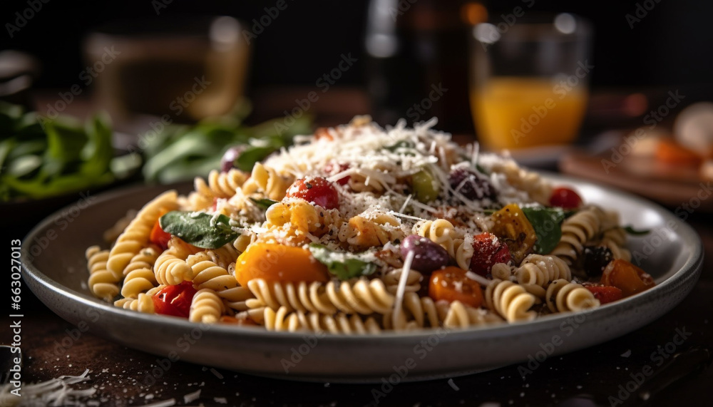 Fresh vegetarian pasta salad on rustic wooden plate, ready to eat generated by AI