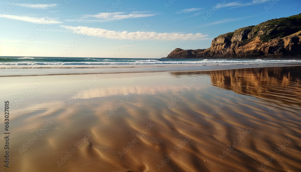 Tranquil sunset over Asturias coastline, waves reflect golden beauty generated by AI