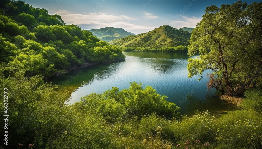 Tranquil scene of a majestic mountain range reflected in pond generated by AI