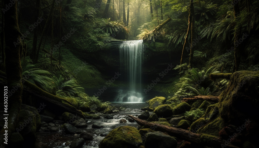 Tranquil scene of flowing water in tropical rainforest, nature beauty generated by AI