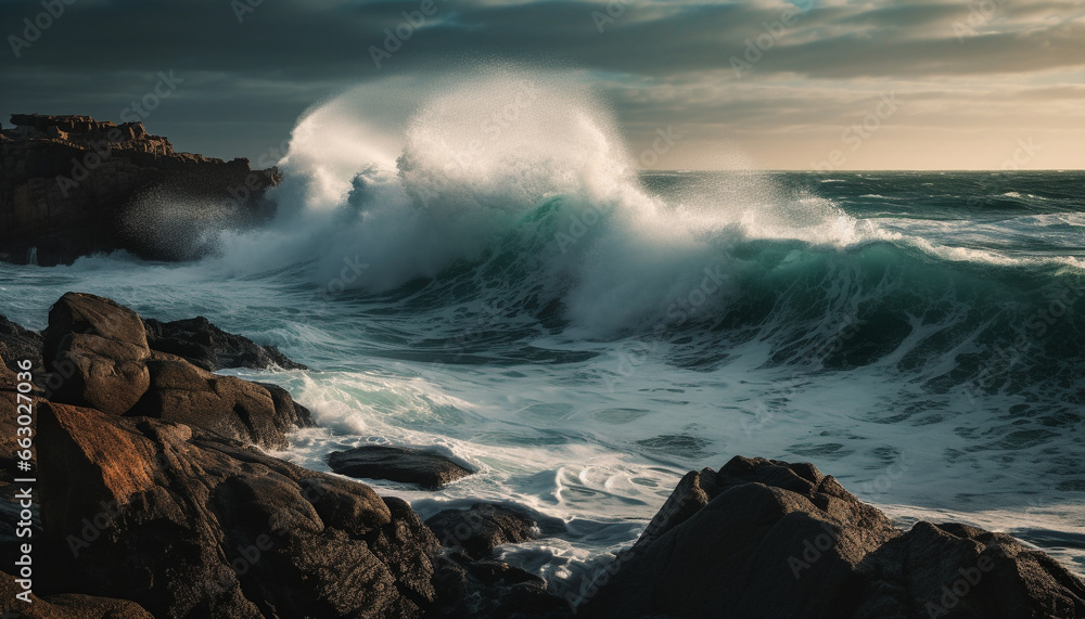 Spray splashing on wet rocks, surfers brave the crashing waves generated by AI