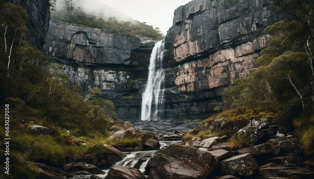 Tranquil scene of majestic mountain range with flowing water and green foliage generated by AI