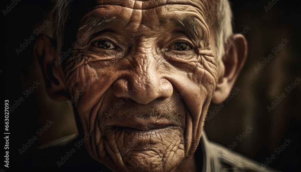 Smiling senior man with gray hair, wrinkles, and wisdom looking happy generated by AI