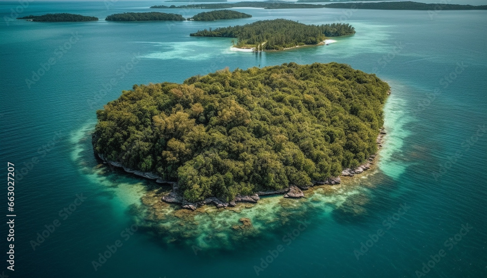 Idyllic tropical seascape, tranquil summer beauty in nature from mid air generated by AI