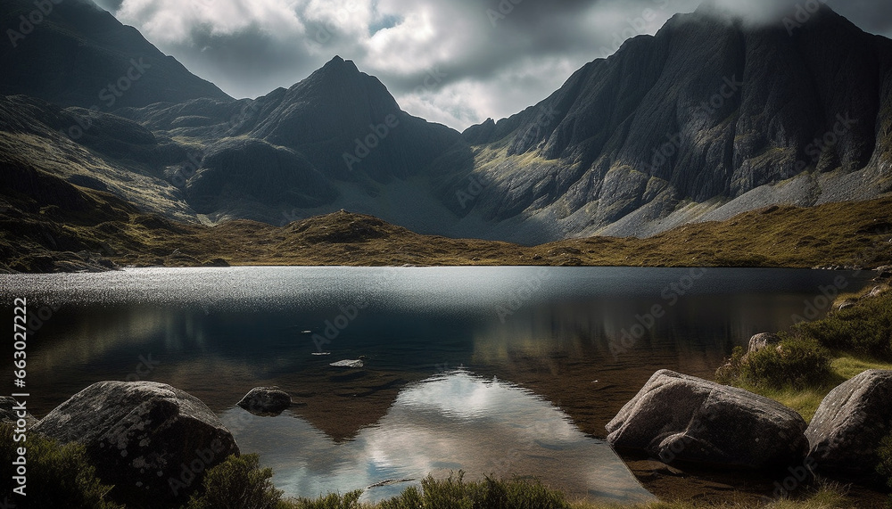 Tranquil scene of majestic mountain range reflected in tranquil pond generated by AI