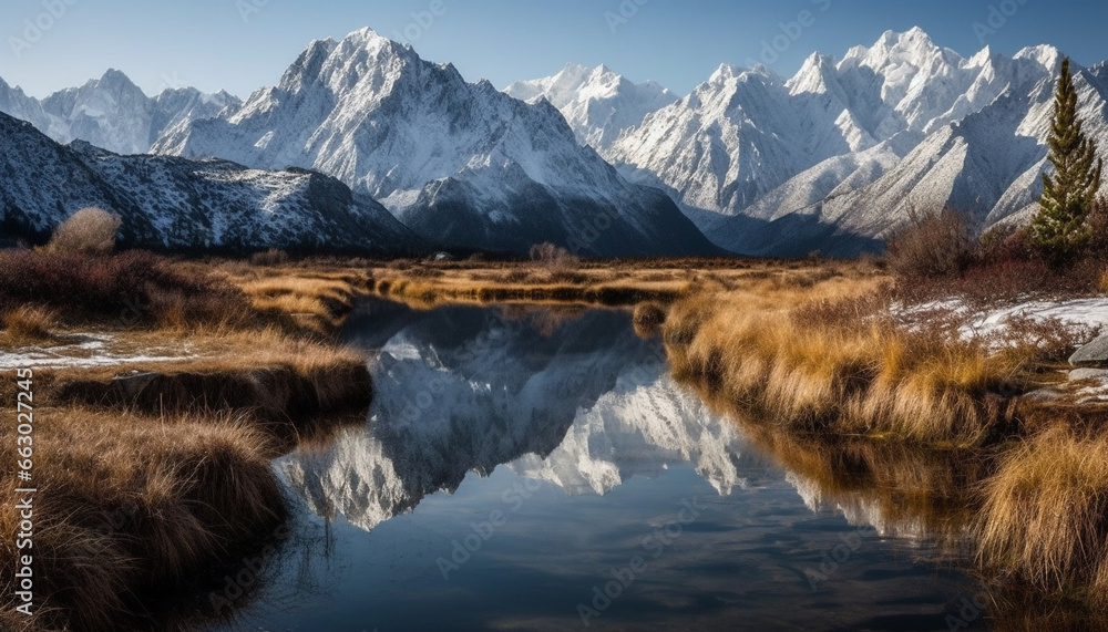 Tranquil scene of majestic mountain range reflected in clear water generated by AI