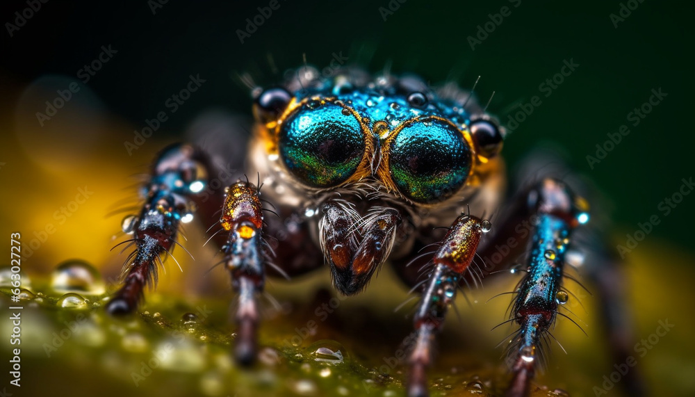 Small green housefly on leaf, focus on foreground, magnification extreme generated by AI