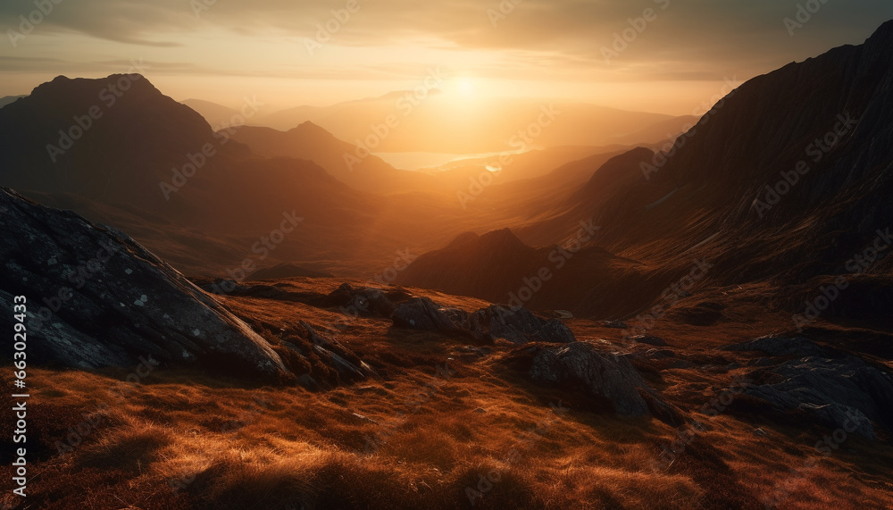 Tranquil mountain range at dawn, majestic beauty in nature generated by AI