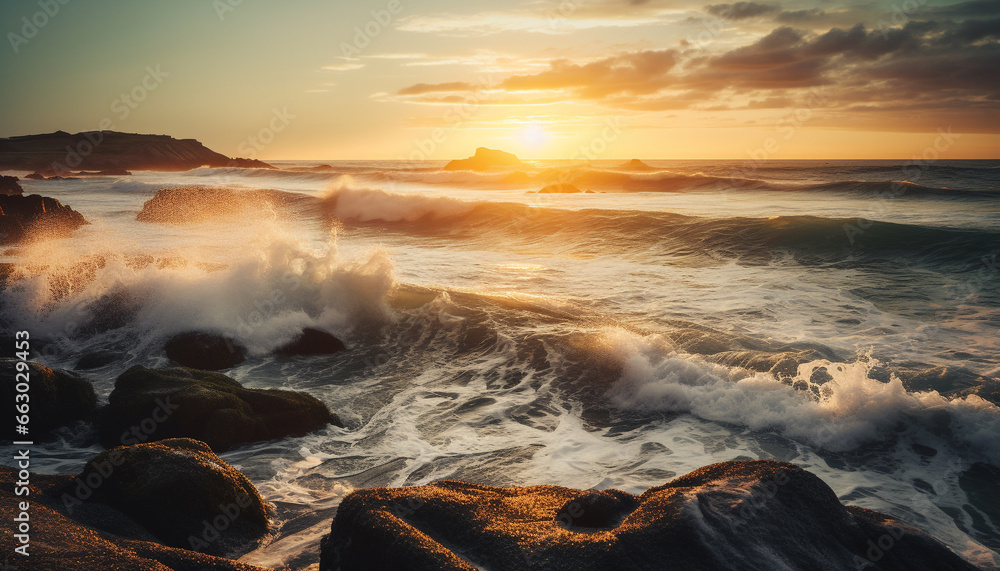 Tranquil scene of beauty in nature  sunset over rocky coastline generated by AI