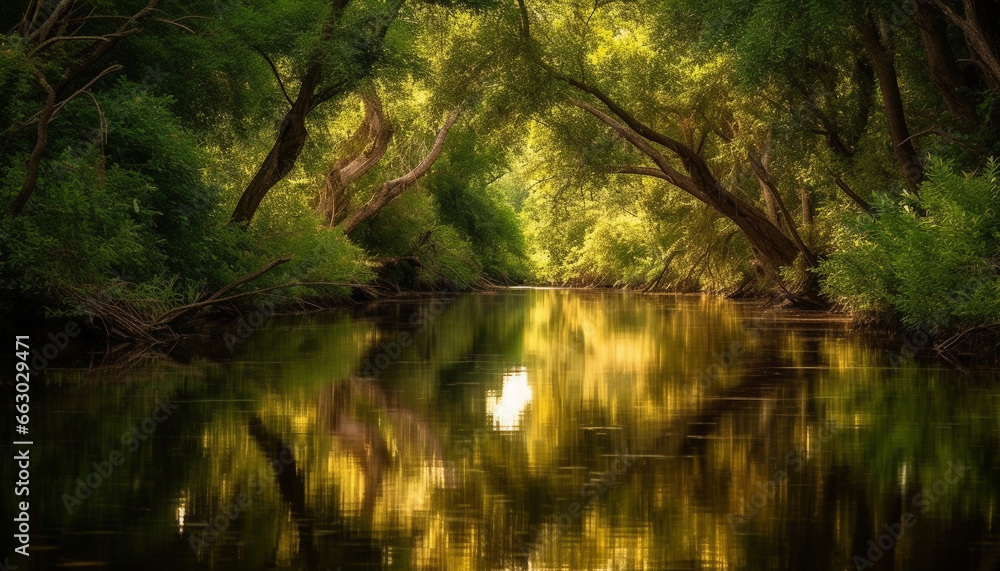 Tranquil scene of a non urban forest with vibrant green foliage generated by AI