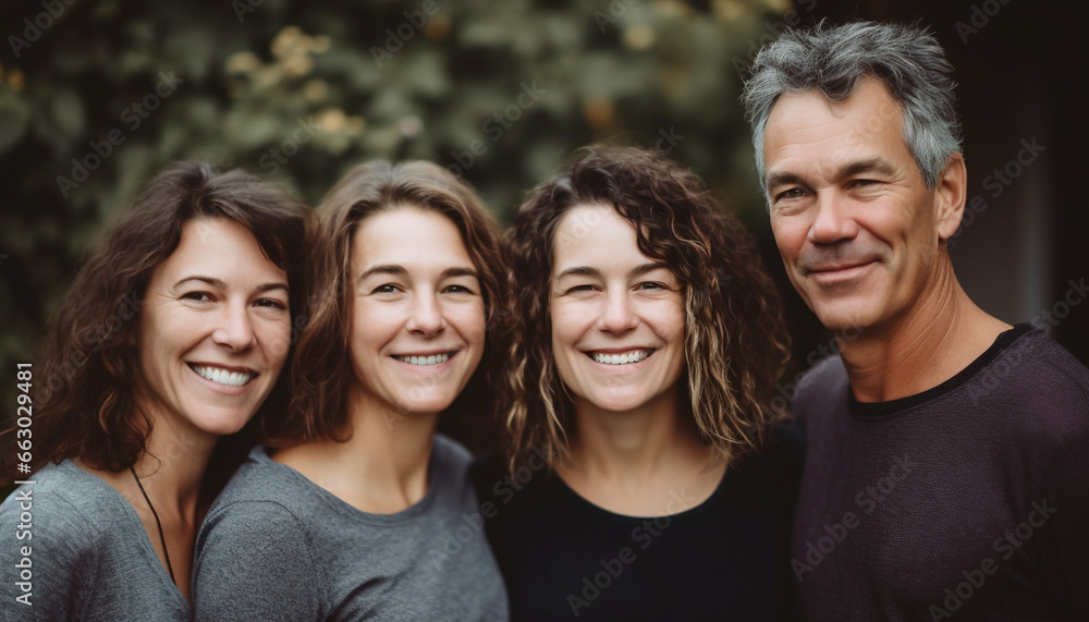 Smiling women and men in casual clothing enjoy nature together generated by AI