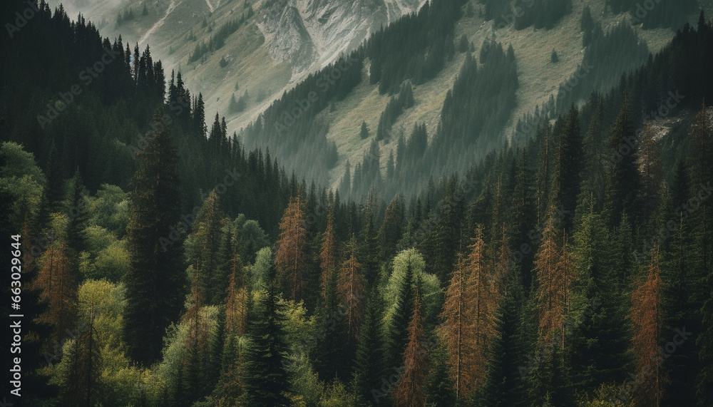 Tranquil scene of majestic mountain range in autumn wilderness area generated by AI