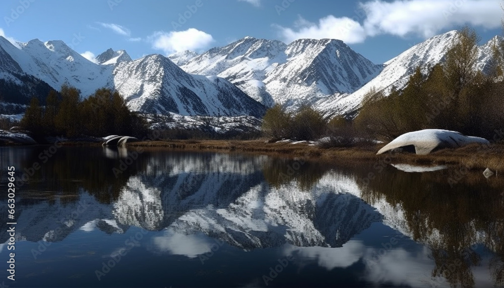 Tranquil scene of majestic mountain range reflected in tranquil water generated by AI