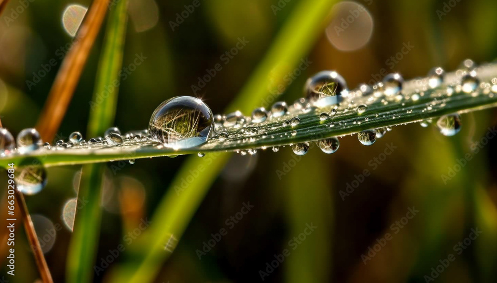 Fresh green dew drops on wet grass reflect beauty in nature generated by AI