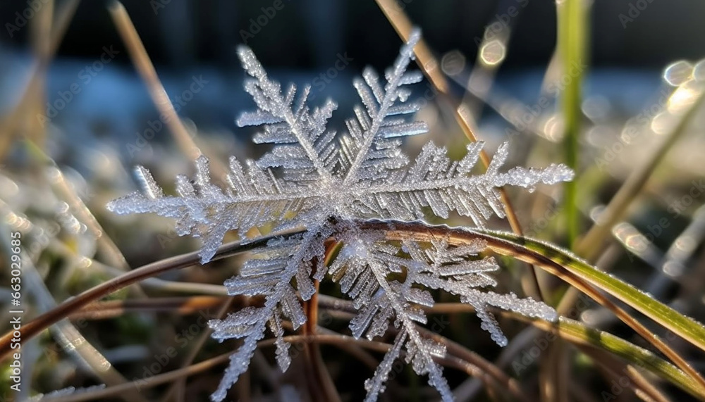 Crystal frost on coniferous tree branch in winter forest beauty generated by AI