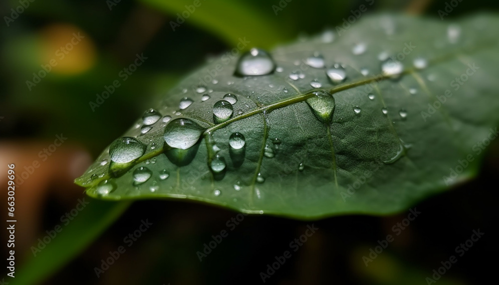 Fresh green leaves with dew drops, reflecting beauty in nature generated by AI