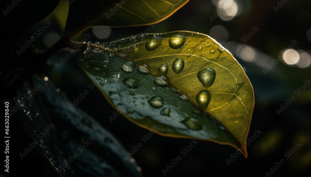 Vibrant green leaf reflects beauty in nature, wet with dew generated by AI