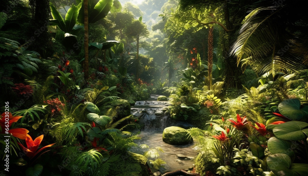 Tranquil scene of tropical rainforest, with lush green foliage and wildlife generated by AI