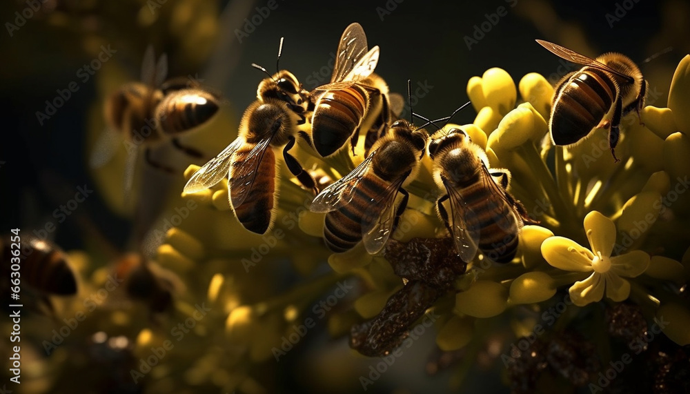 Busy bees working in a honeycomb, pollinating flowers in nature generated by AI