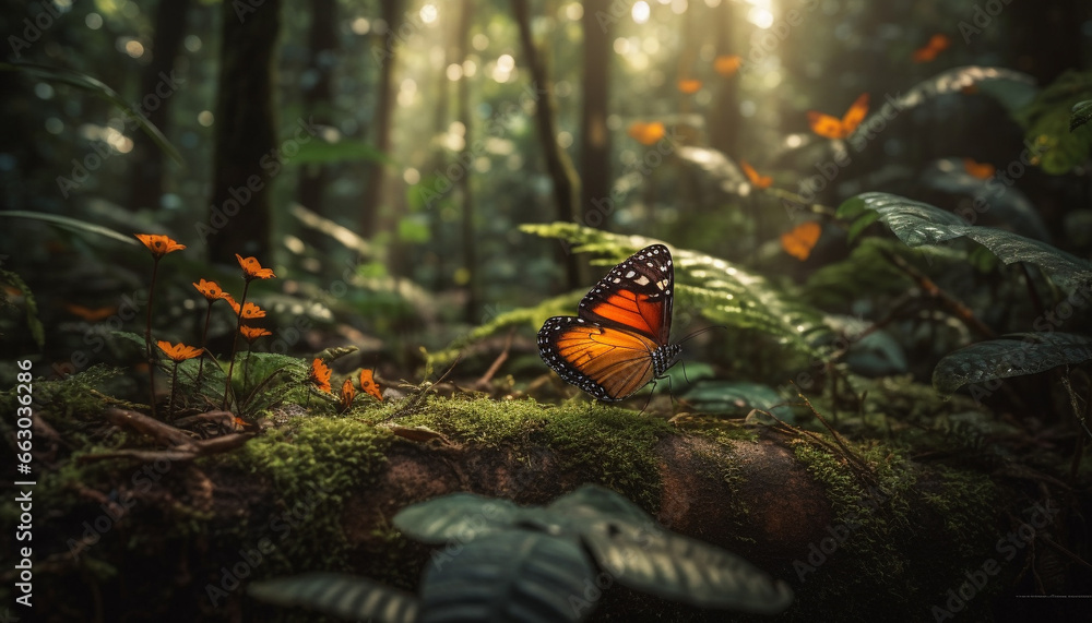 A vibrant butterfly rests on a green leaf in the forest generated by AI