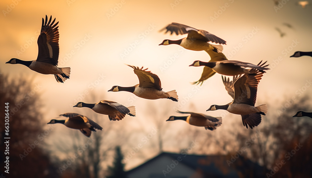 A flock of geese flying in the sunset over the pond generated by AI