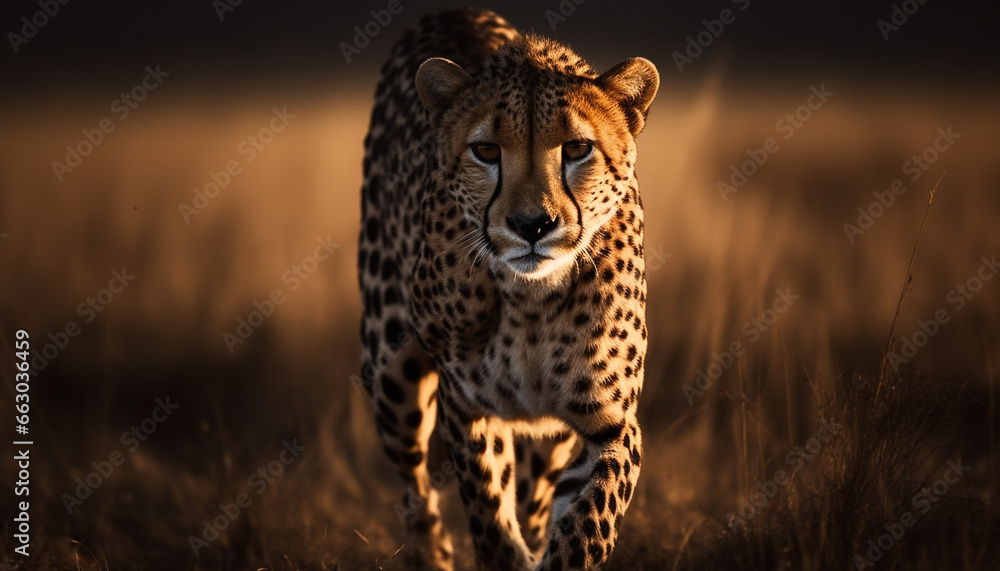 Majestic cheetah walking in the wilderness, staring into the sunset generated by AI