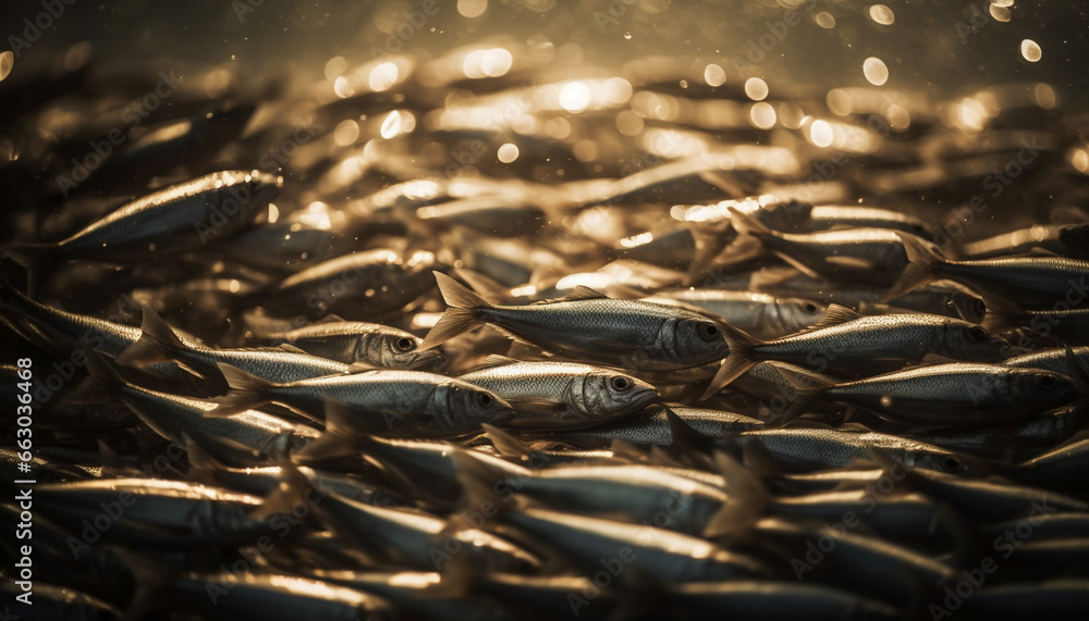 Underwater fish school in blue sea, swimming in fresh nature generated by AI