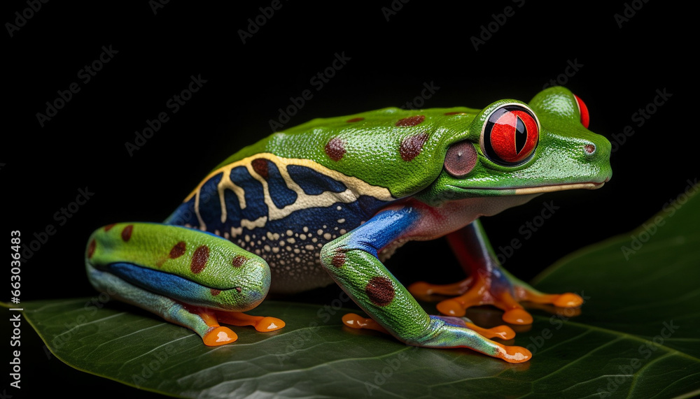 Red eyed tree frog sitting on a branch in tropical rainforest generated by AI