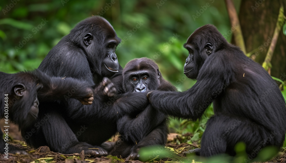 A cute young monkey sitting in a green forest eating generated by AI