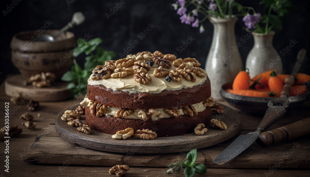 Freshly baked homemade chocolate dessert on a rustic wooden table generated by AI