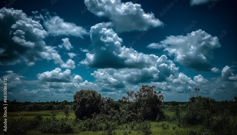 A serene meadow under a blue sky, surrounded by lush trees generated by AI