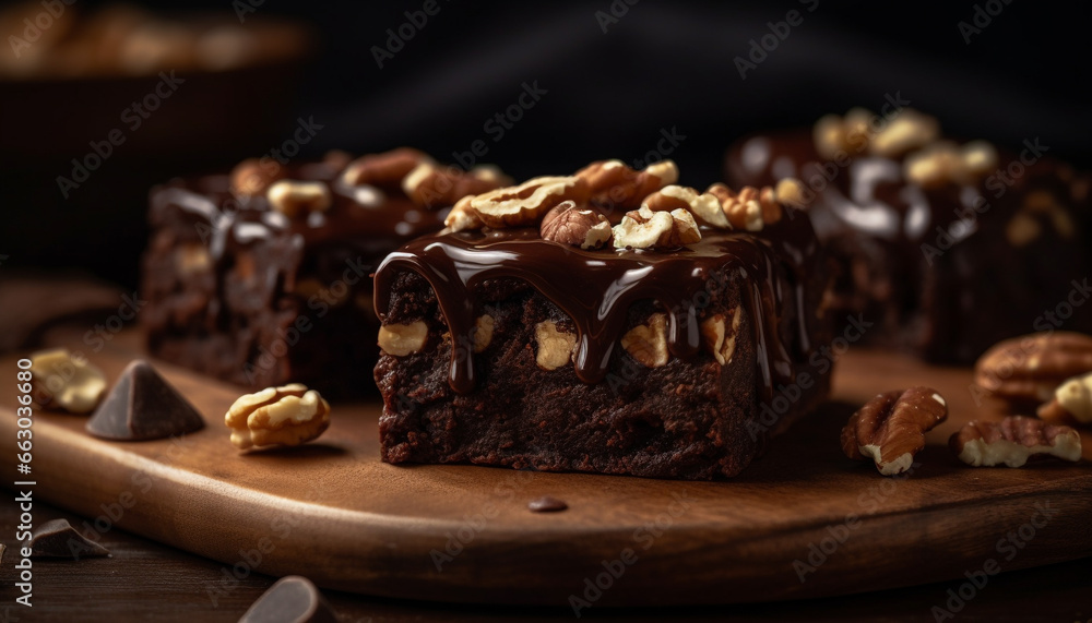 Homemade dark chocolate brownie slice on rustic wooden table generated by AI