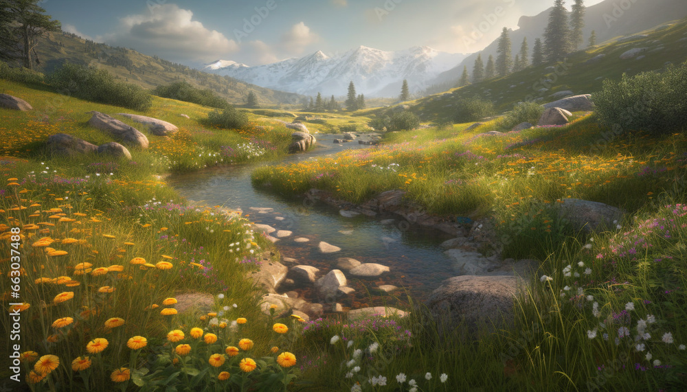 Tranquil meadow, mountain peak, wildflower blossom, reflecting autumn beauty generated by AI