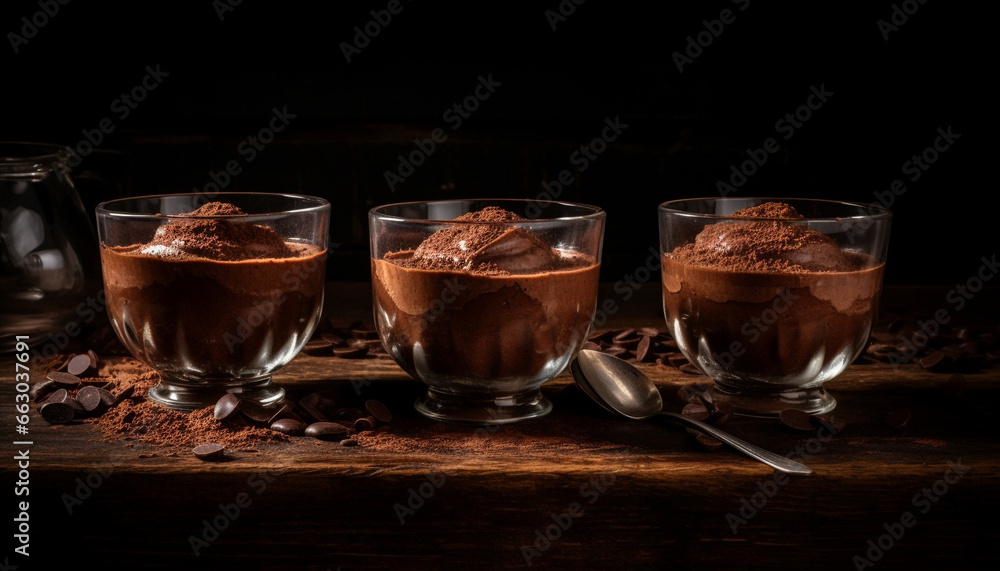 Dark chocolate dessert on a wooden table, a gourmet indulgence generated by AI