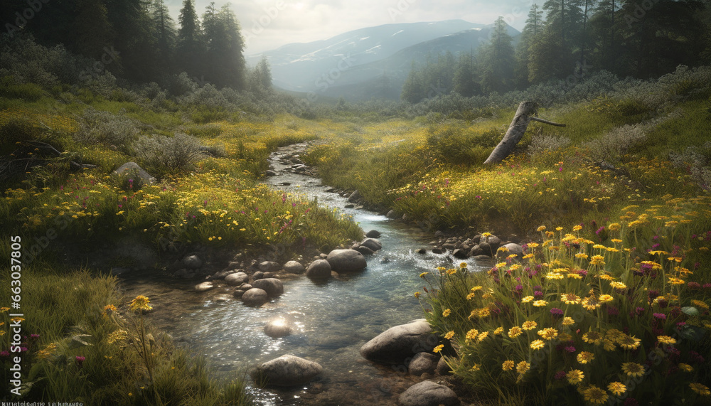 Tranquil scene  mountain peak, green meadow, flowing water, wildflowers blossom generated by AI