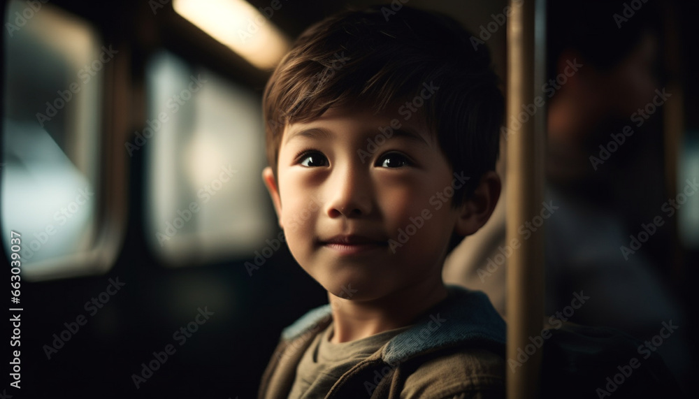 Smiling boys sitting, looking at camera, innocence in childhood generated by AI