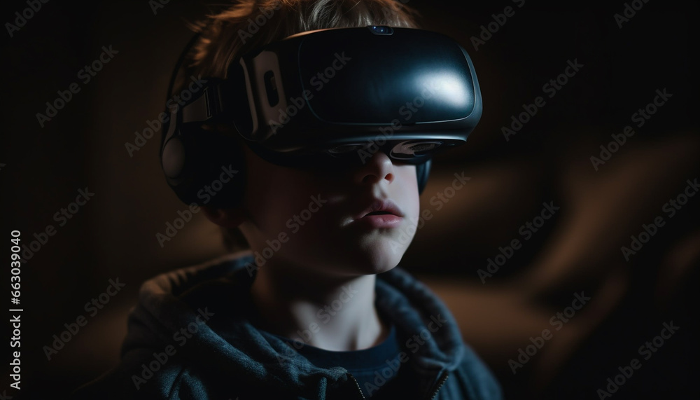 Childhood innovation  Boys playing video games with virtual reality simulator generated by AI