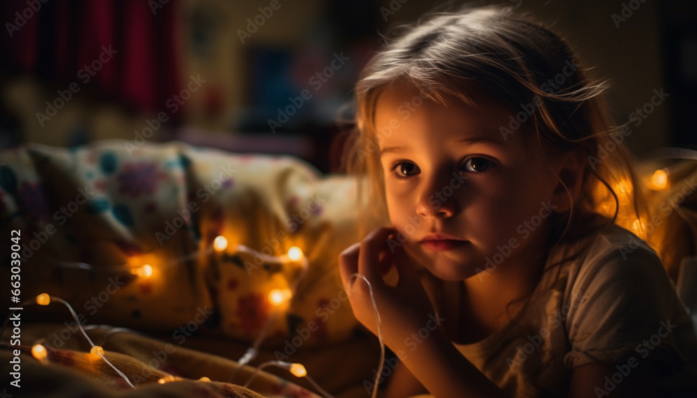 A cute Caucasian girl, smiling, looking at camera, surrounded by Christmas lights generated by AI