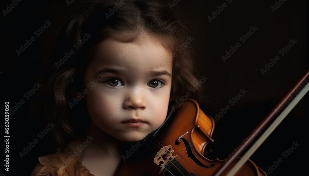 Cute child playing violin, learning music, innocence in portrait generated by AI