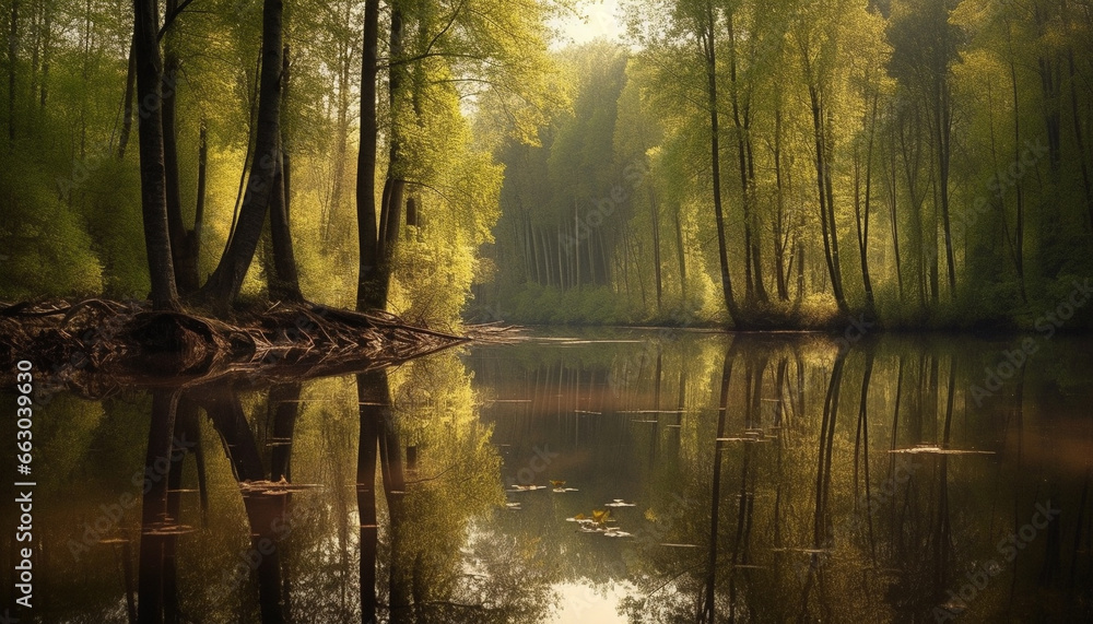 Tranquil scene  autumn forest reflects vibrant colors in tranquil pond generated by AI